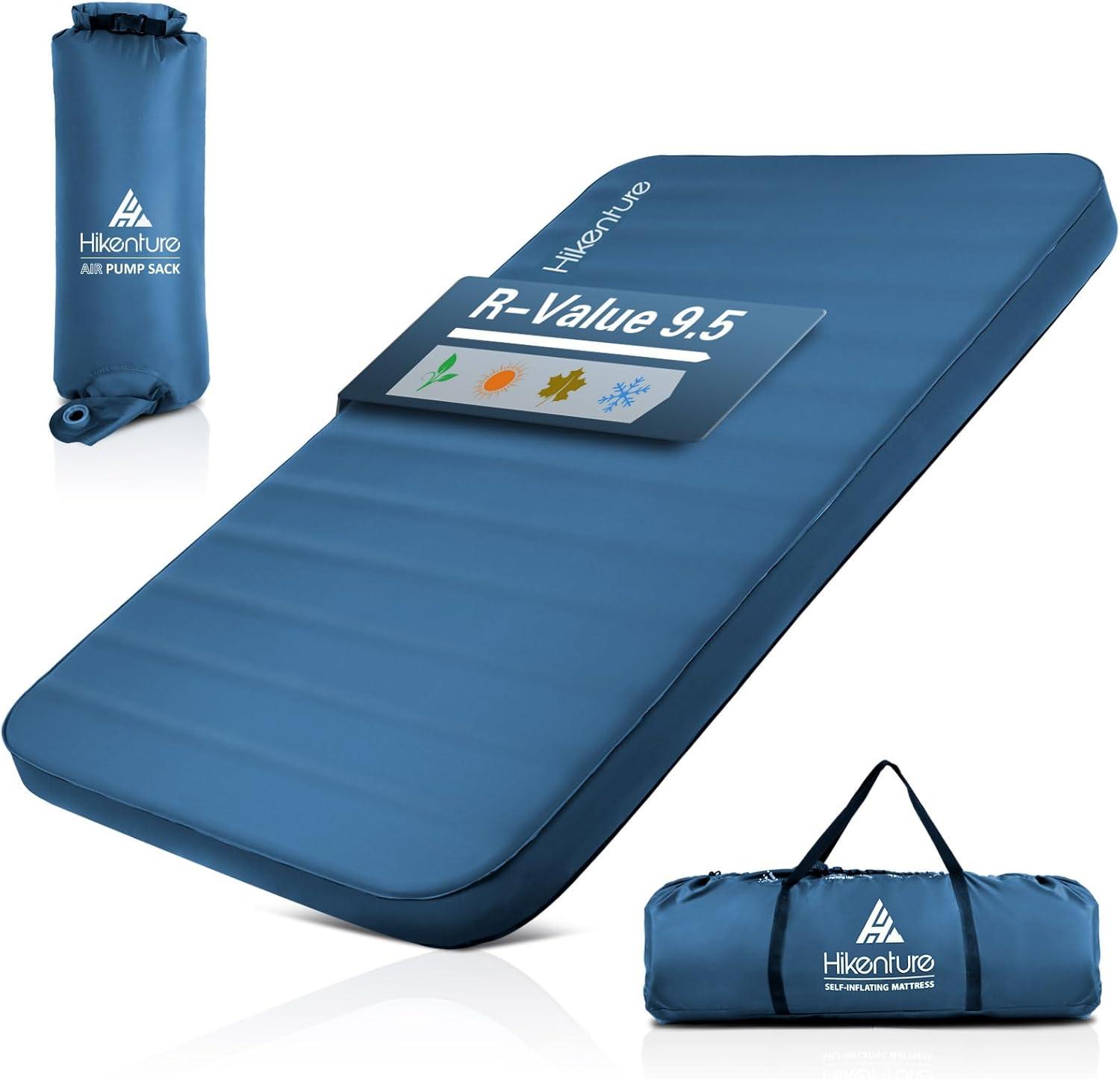 imageHikenture Extra Thick Double Self Inflating Sleeping Pad 95 R Camping Mattress 2 Person Inflatable Foam Camping Pad with Pump Sack Portable 4 in Thickness Comfort Plus Camping Mat for 4SeasonLight Blue
