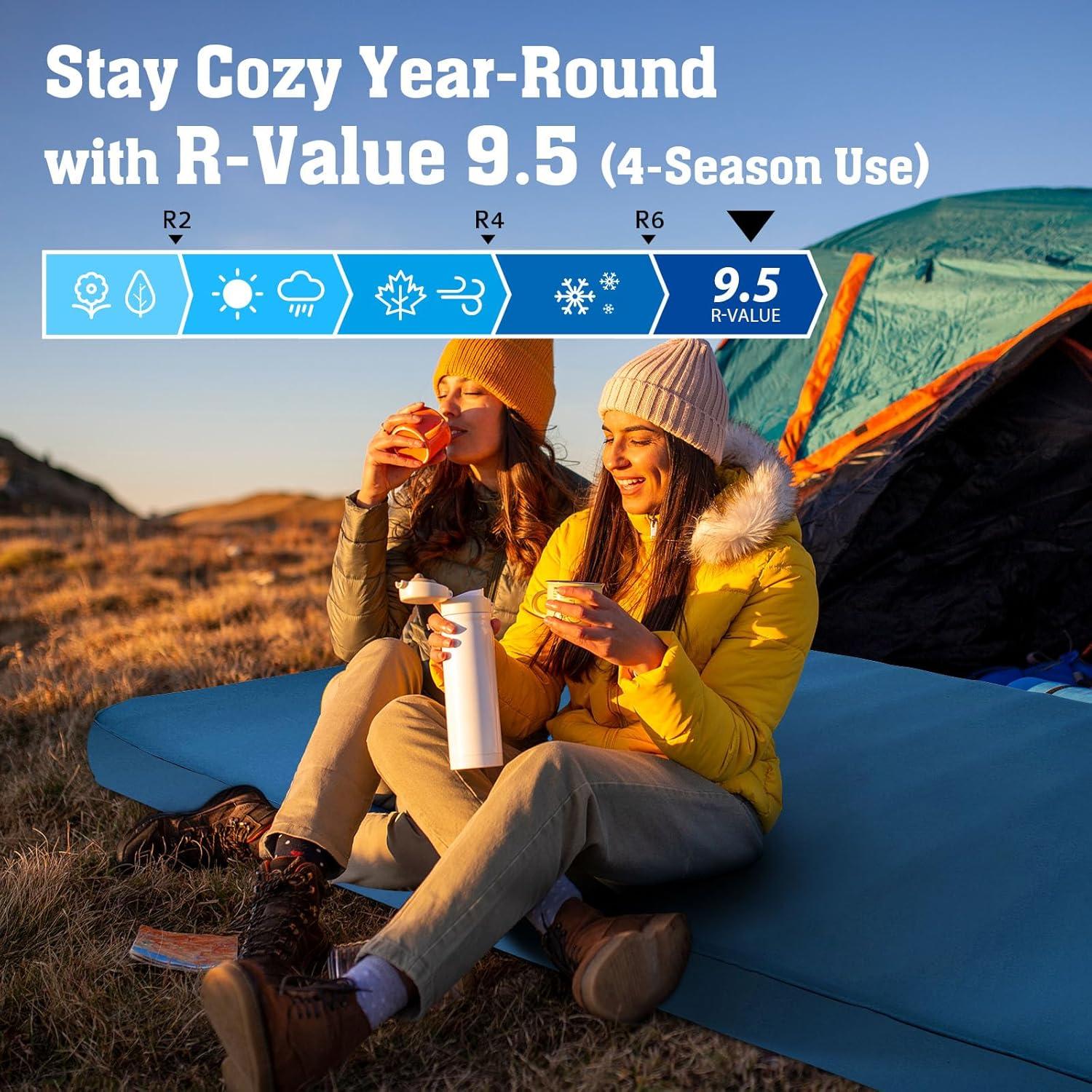 imageHikenture Extra Thick Double Self Inflating Sleeping Pad 95 R Camping Mattress 2 Person Inflatable Foam Camping Pad with Pump Sack Portable 4 in Thickness Comfort Plus Camping Mat for 4SeasonLight Blue