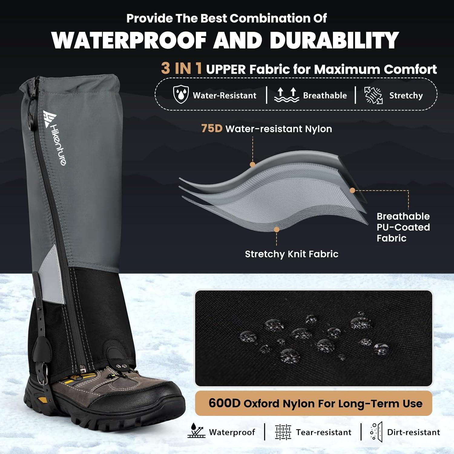 imageHikenture Gaiters for Hiking Waterproof Leg Gaiters with Upgraded Zipper Design Lightweight Shoe Gaiters for Men Women DirtProof Ripstop Hiking Gaiters Breathable Boot Gators for Hunting