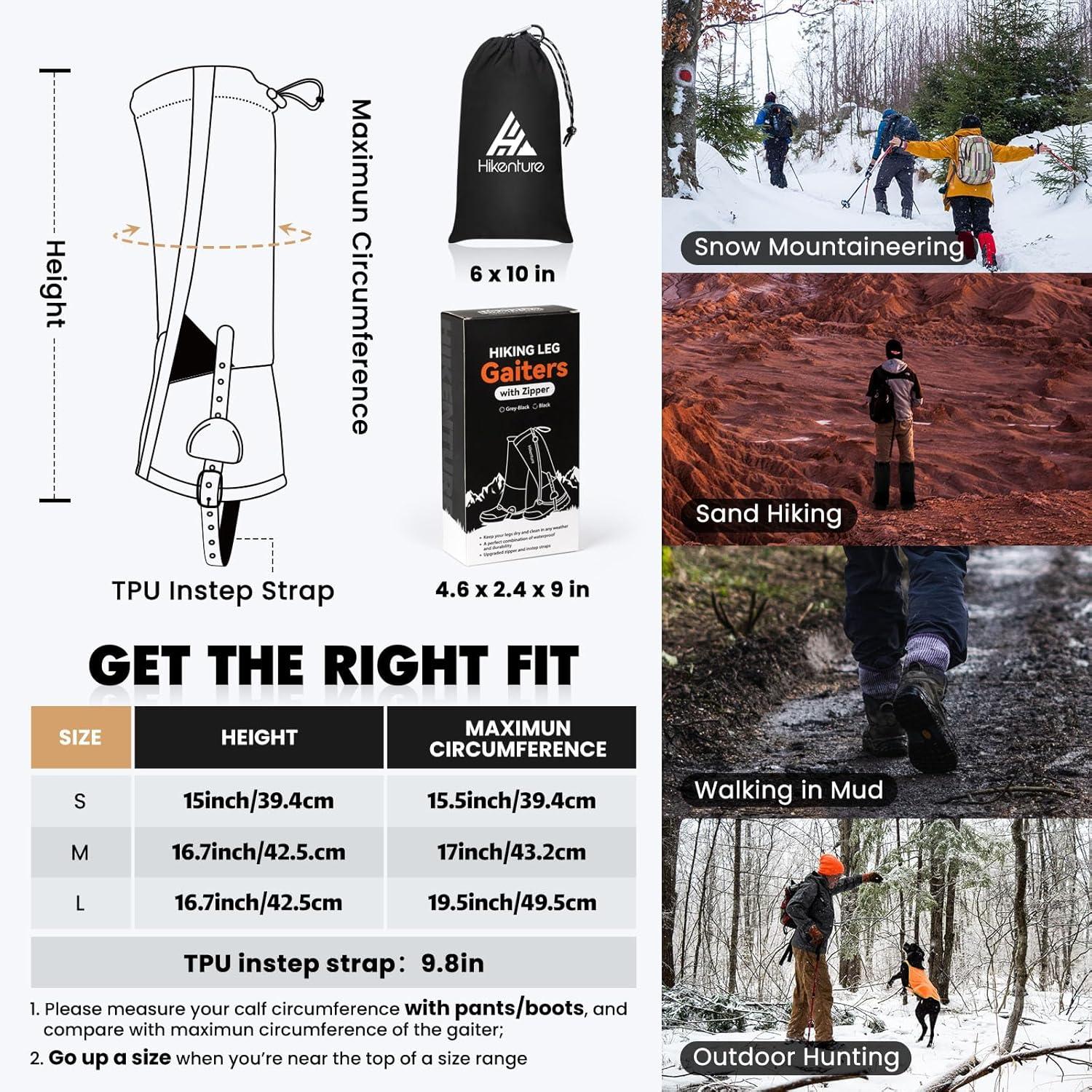 imageHikenture Hiking Gaiters with Upgraded Zipper Gaiters for Hiking Waterproof Lightweight Leg Shoe Gaiters for Men WomenBlack