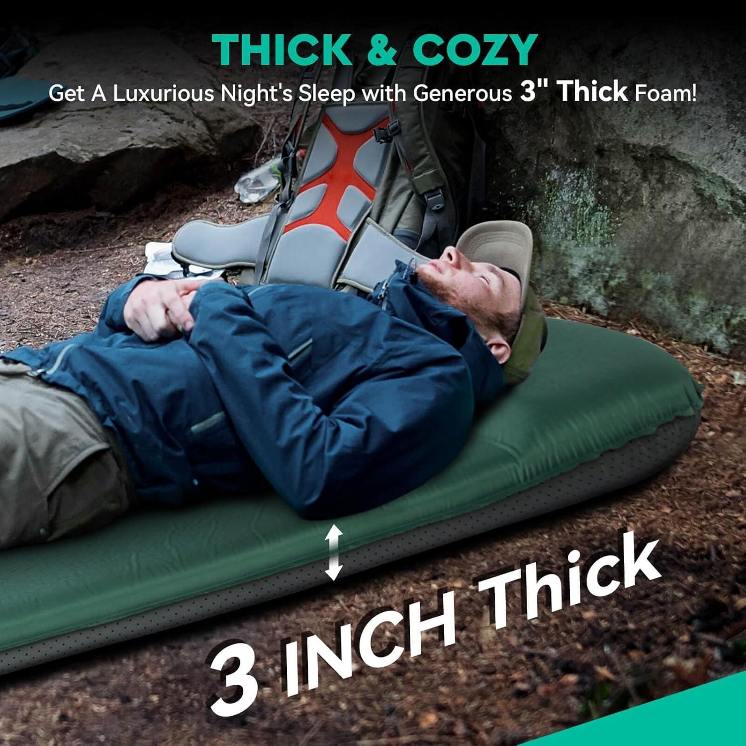 imageHikenture Self Inflating Sleeping Pad for Camping 3 Ultra Thick Camping Pad with Pillow 95 RValue Insulated Camping Mattress 4Season Inflatable Foam Camping Mat for Car Tent CotGreen