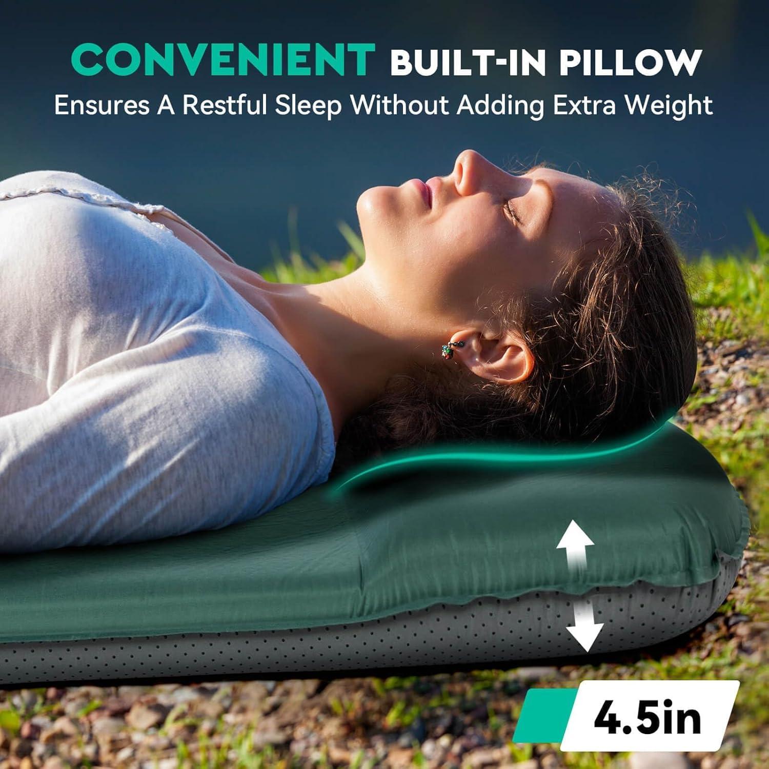 imageHikenture Self Inflating Sleeping Pad for Camping 3 Ultra Thick Camping Pad with Pillow 95 RValue Insulated Camping Mattress 4Season Inflatable Foam Camping Mat for Car Tent CotGreen