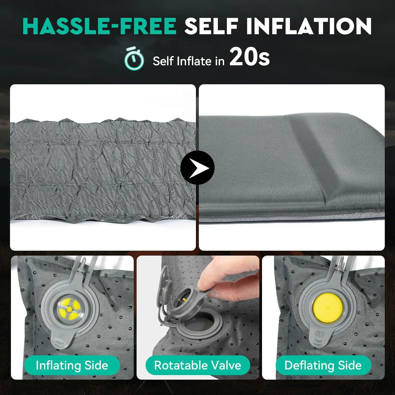 imageHikenture Self Inflating Sleeping Pad for Camping 3 Ultra Thick Camping Pad with Pillow 95 RValue Insulated Camping Mattress 4Season Inflatable Foam Camping Mat for Car Tent CotGrey