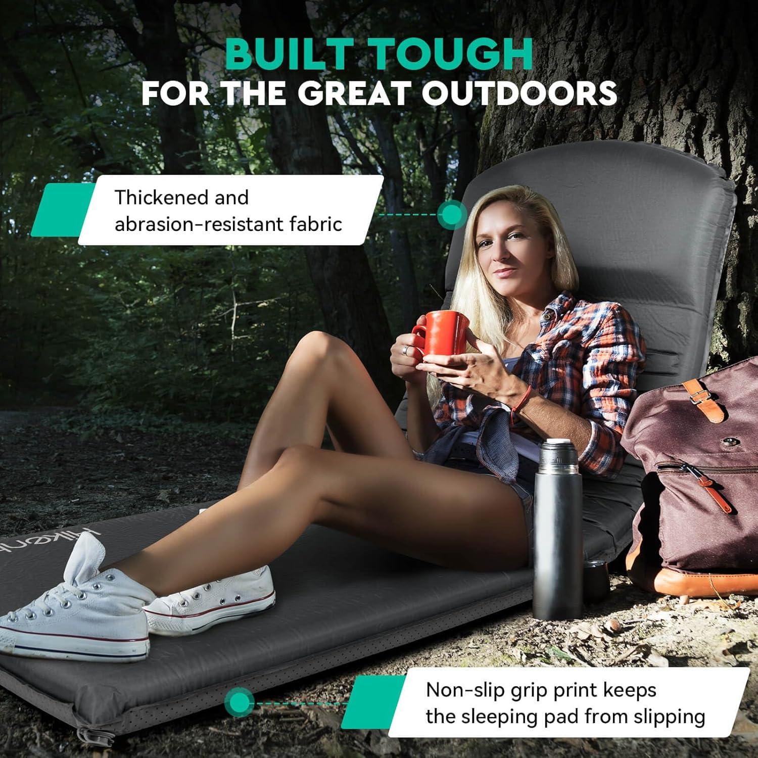 imageHikenture Self Inflating Sleeping Pad for Camping 3 Ultra Thick Camping Pad with Pillow 95 RValue Insulated Camping Mattress 4Season Inflatable Foam Camping Mat for Car Tent CotGrey