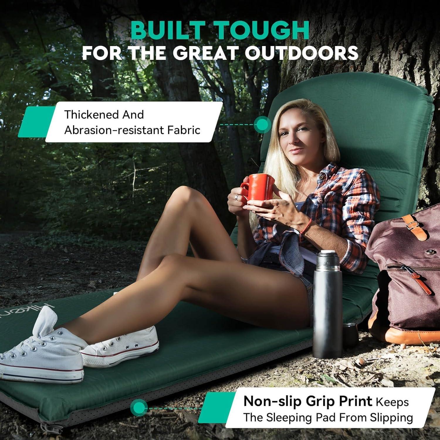 imageHikenture Self Inflating Sleeping Pad for Camping 3 Ultra Thick Camping Pad with Pillow 95 RValue Insulated Camping Mattress 4Season Inflatable Foam Camping Mat for Car Tent CotGreen