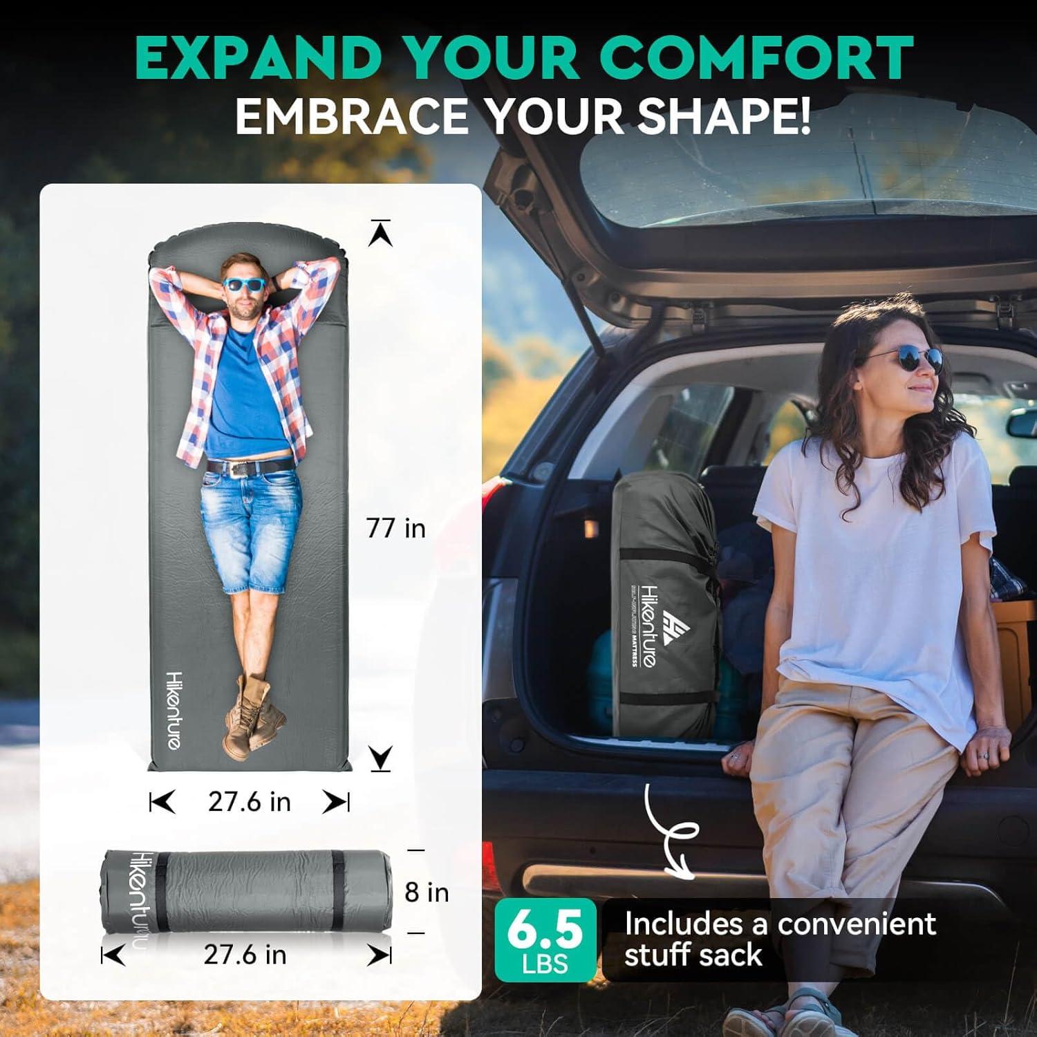 imageHikenture Self Inflating Sleeping Pad for Camping 3 Ultra Thick Camping Pad with Pillow 95 RValue Insulated Camping Mattress 4Season Inflatable Foam Camping Mat for Car Tent CotGrey