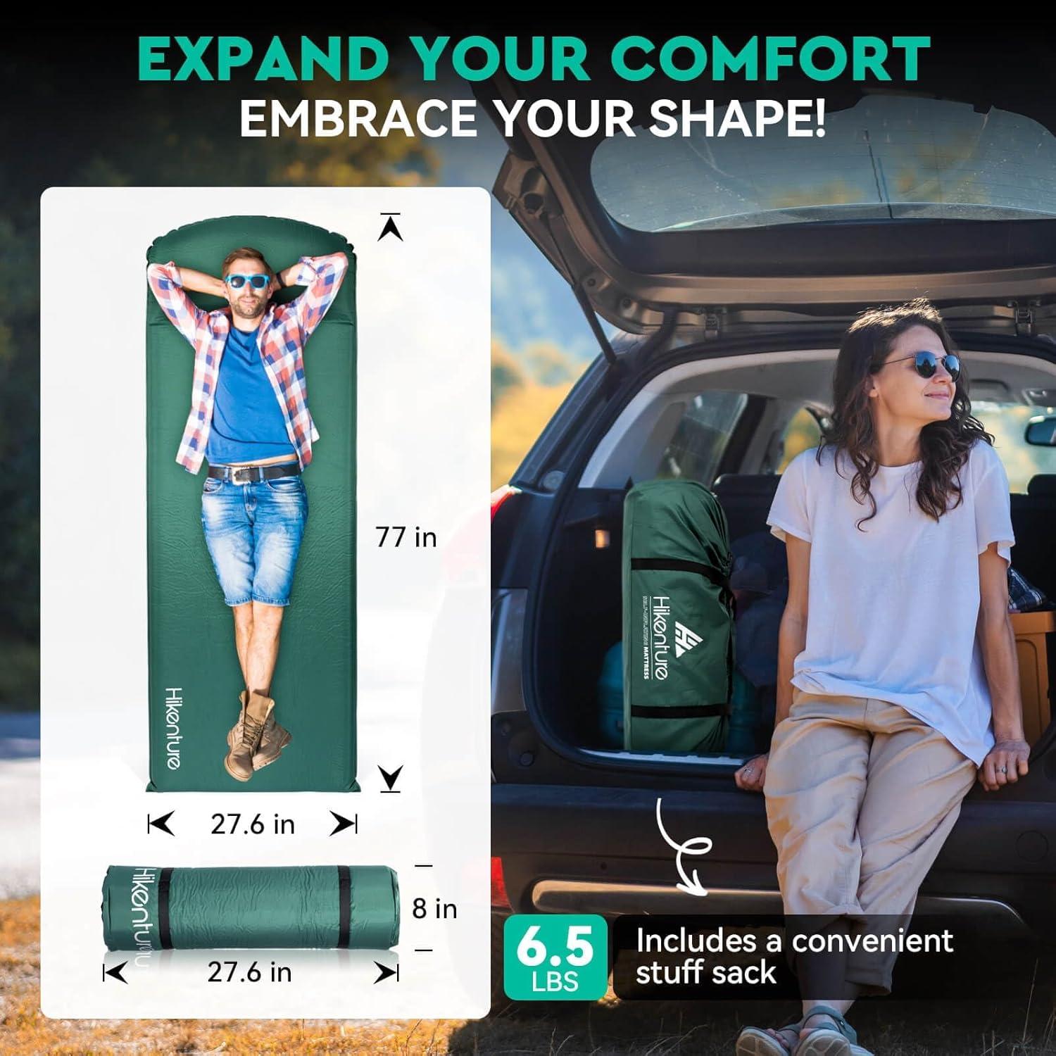 imageHikenture Self Inflating Sleeping Pad for Camping 3 Ultra Thick Camping Pad with Pillow 95 RValue Insulated Camping Mattress 4Season Inflatable Foam Camping Mat for Car Tent CotGreen