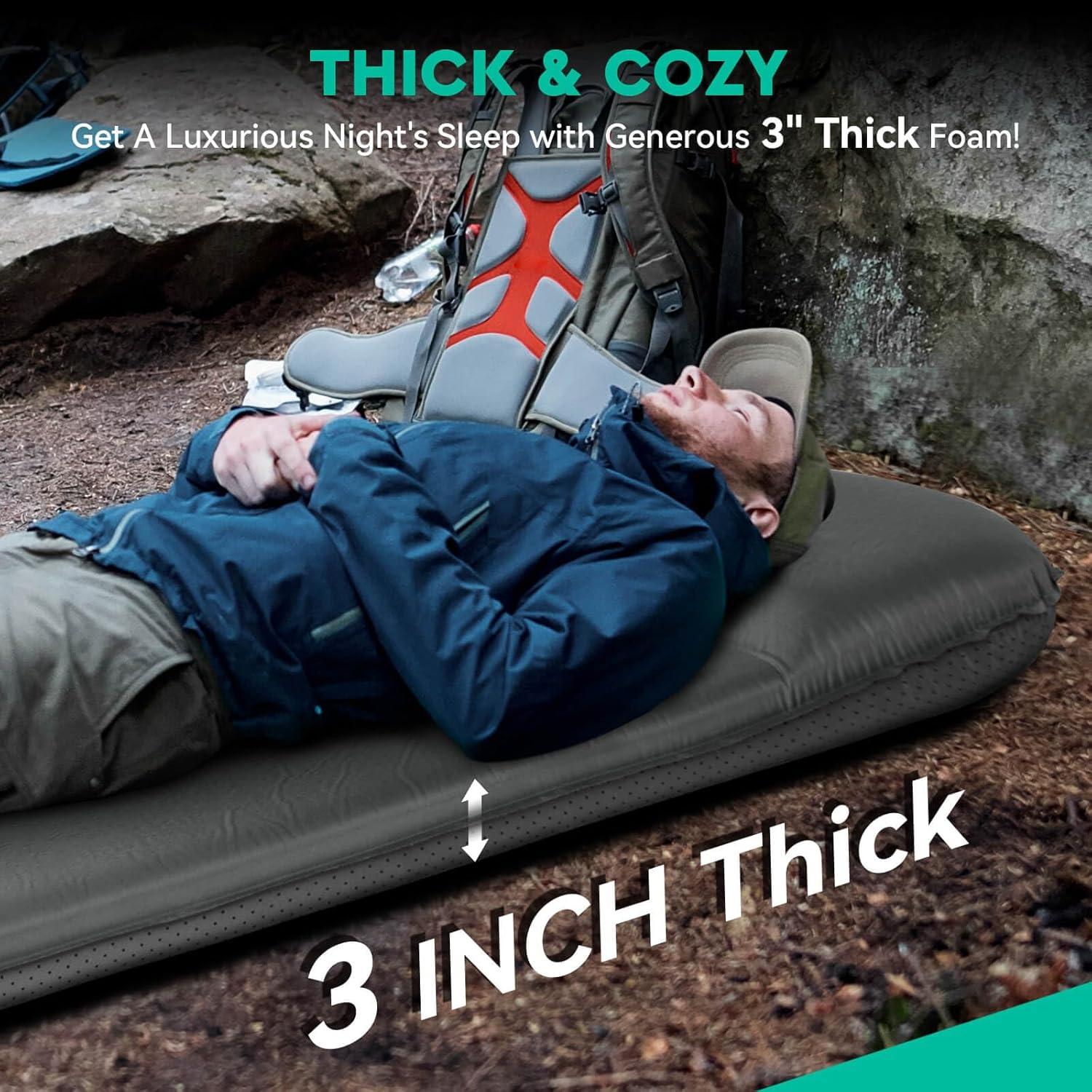 imageHikenture Self Inflating Sleeping Pad for Camping 3 Ultra Thick Camping Pad with Pillow 95 RValue Insulated Camping Mattress 4Season Inflatable Foam Camping Mat for Car Tent CotGrey