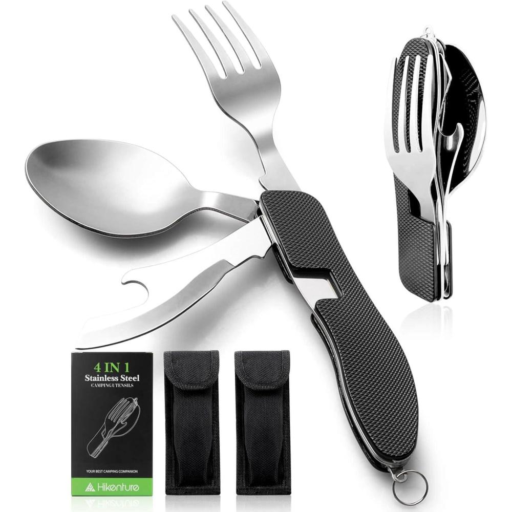imageCamping Utensils 2 PackHIKENTURE 4in1 Stainless Steel Spoon Fork Knife and Bottle Opener Combo  Lightweight and Portable Travel Eating Silverware for Hiking Backpacking and Picnic Red 2packBlack 2 Pack