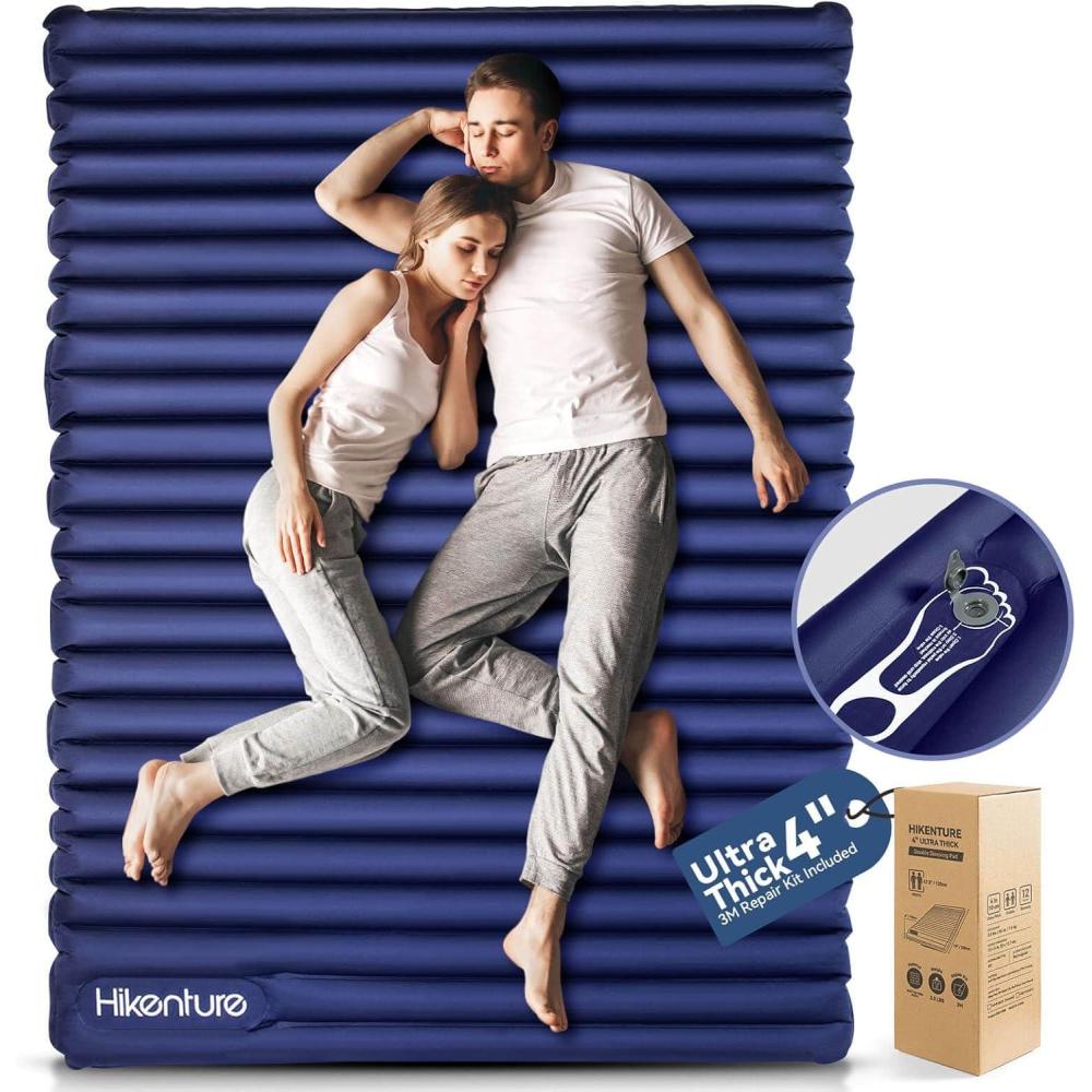 imageHikenture Double Sleeping Pad for Camping Ultralight 4quot ExtraThick Camping Mattress 2 Person Inflatable Backpacking Sleeping Mat Hiking Air Mattress for Tent Foot PumpSemi Double79475 in