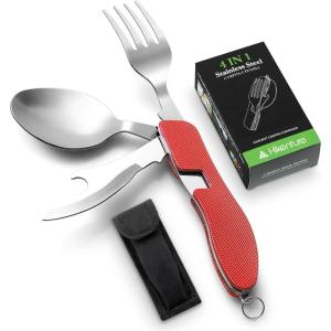 Camping Utensils 2 Pack,HIKENTURE 4-in-1 Stainless Steel Spoon, Fork, Knife, and Bottle Opener Combo – Lightweight and Portable Travel Eating Silverware for Hiking, Backpacking, and Picnic (Red 2pack)(Red)