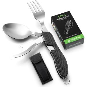 Camping Utensils 2 Pack,HIKENTURE 4-in-1 Stainless Steel Spoon, Fork, Knife, and Bottle Opener Combo – Lightweight and Portable Travel Eating Silverware for Hiking, Backpacking, and Picnic (Red 2pack)(Black)