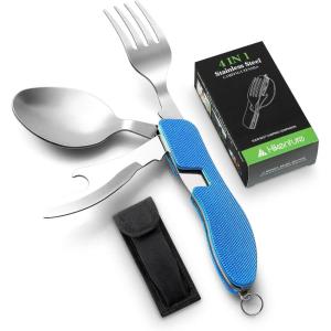 Camping Utensils 2 Pack,HIKENTURE 4-in-1 Stainless Steel Spoon, Fork, Knife, and Bottle Opener Combo – Lightweight and Portable Travel Eating Silverware for Hiking, Backpacking, and Picnic (Red 2pack)(Blue)