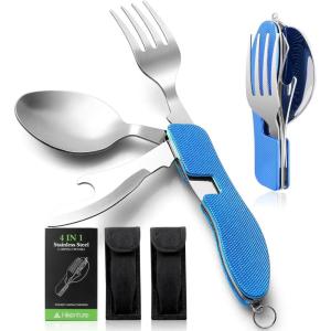 Camping Utensils 2 Pack,HIKENTURE 4-in-1 Stainless Steel Spoon, Fork, Knife, and Bottle Opener Combo – Lightweight and Portable Travel Eating Silverware for Hiking, Backpacking, and Picnic (Red 2pack)(Blue 2 Pack)