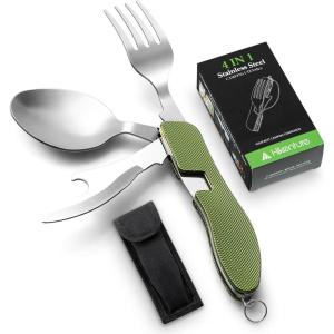Camping Utensils 2 Pack,HIKENTURE 4-in-1 Stainless Steel Spoon, Fork, Knife, and Bottle Opener Combo – Lightweight and Portable Travel Eating Silverware for Hiking, Backpacking, and Picnic (Red 2pack)(Army Green)