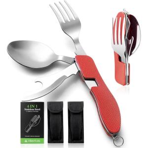 Camping Utensils 2 Pack,HIKENTURE 4-in-1 Stainless Steel Spoon, Fork, Knife, and Bottle Opener Combo – Lightweight and Portable Travel Eating Silverware for Hiking, Backpacking, and Picnic (Red 2pack)(Red 2 Pack)