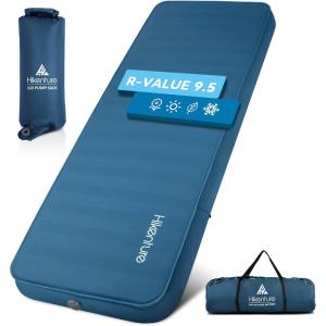 Hikenture Extra Thick Double Self Inflating Sleeping Pad, 9.5 R Camping Mattress 2 Person, Inflatable Foam Camping Pad with Pump Sack, Portable 4 in Thickness Comfort Plus Camping Mat for 4-Season(Light Blue)