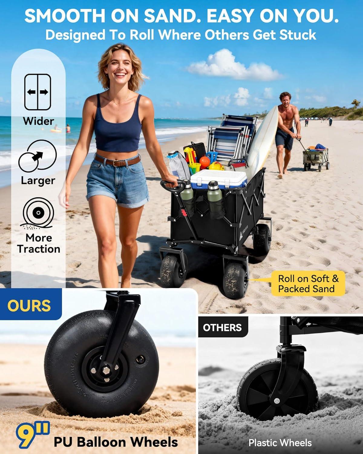 image:imageHikenture Beach Wagon with Balloon Wheels 9 PU Tires Collapsible Wagon 308lbs Heavy Duty Beach Cart with Big Wheels for Sand Large Capacity Utility Wagons Carts Foldable