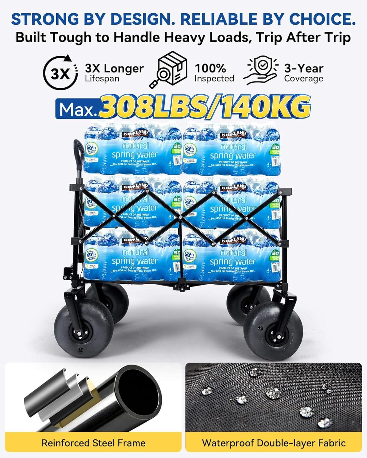 image:imageHikenture Beach Wagon with Balloon Wheels 9 PU Tires Collapsible Wagon 308lbs Heavy Duty Beach Cart with Big Wheels for Sand Large Capacity Utility Wagons Carts Foldable