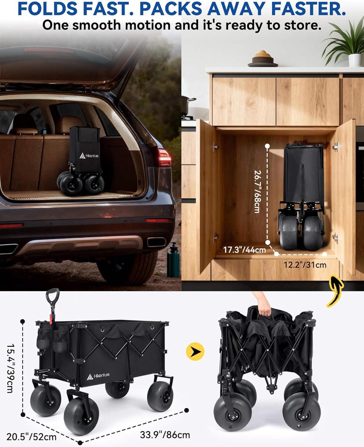 image:imageHikenture Beach Wagon with Balloon Wheels 9 PU Tires Collapsible Wagon 308lbs Heavy Duty Beach Cart with Big Wheels for Sand Large Capacity Utility Wagons Carts Foldable