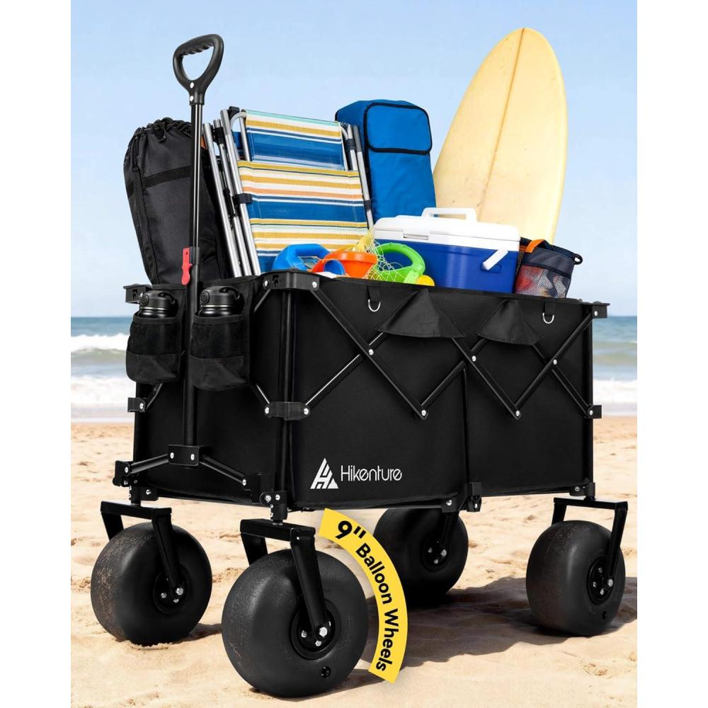 image:imageHikenture Beach Wagon with Balloon Wheels 9 PU Tires Collapsible Wagon 308lbs Heavy Duty Beach Cart with Big Wheels for Sand Large Capacity Utility Wagons Carts Foldable