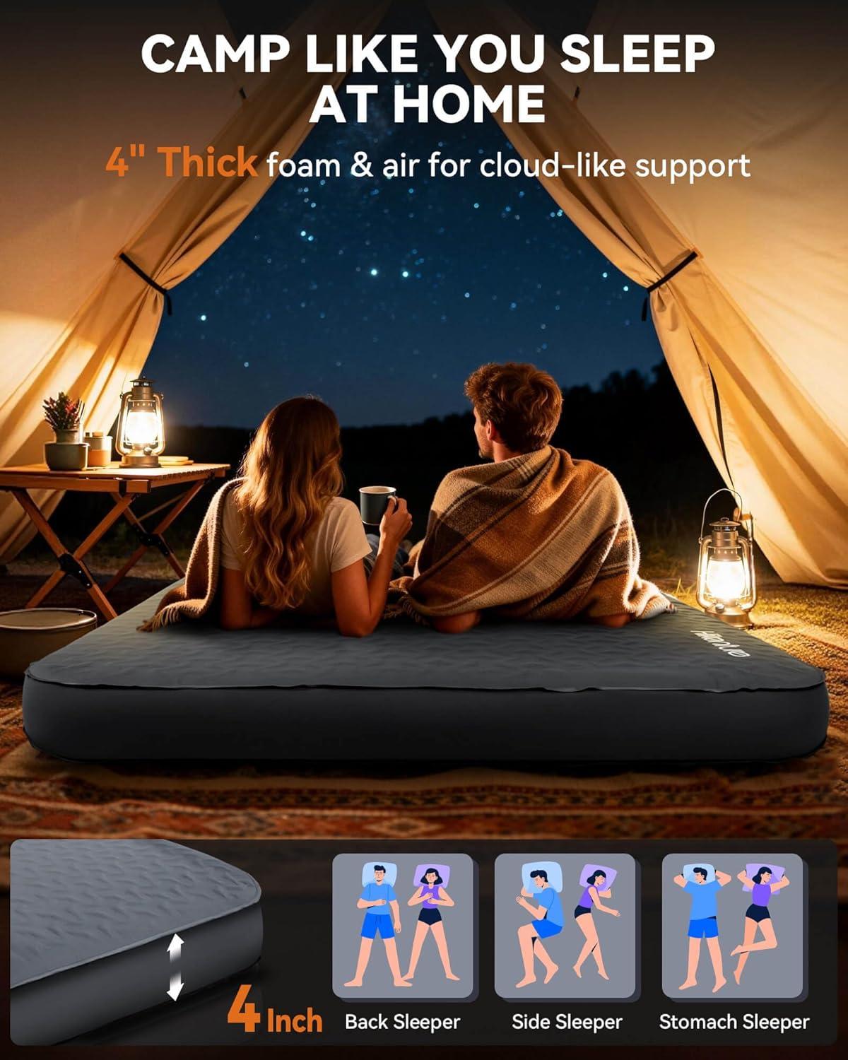 image:imageHikenture 4 Thick Self Inflating Sleeping Pad Foam amp Air Camping Mattress 95 RValue Insulated Sleeping Mat Portable All Season Camping Pad for Tent Car Cot TruckQueen 8060