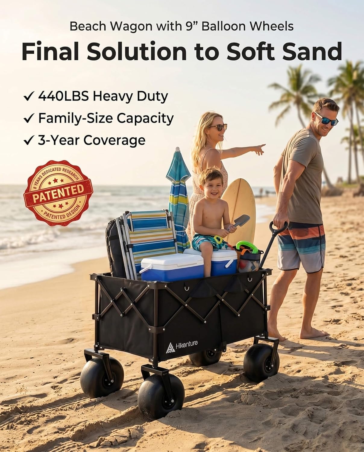 image:imageHikenture Beach Wagon with Balloon Wheels 9 PU Tires Collapsible Wagon 440lbs Heavy Duty Beach Cart with Big Wheels for Sand Large Capacity Utility Wagons CartsBlack