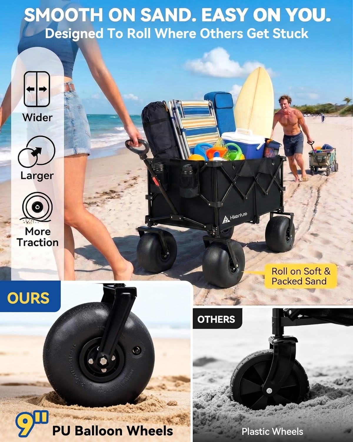 image:imageHikenture Beach Wagon with Balloon Wheels 9 PU Tires Collapsible Wagon 440lbs Heavy Duty Beach Cart with Big Wheels for Sand Large Capacity Utility Wagons CartsBlack