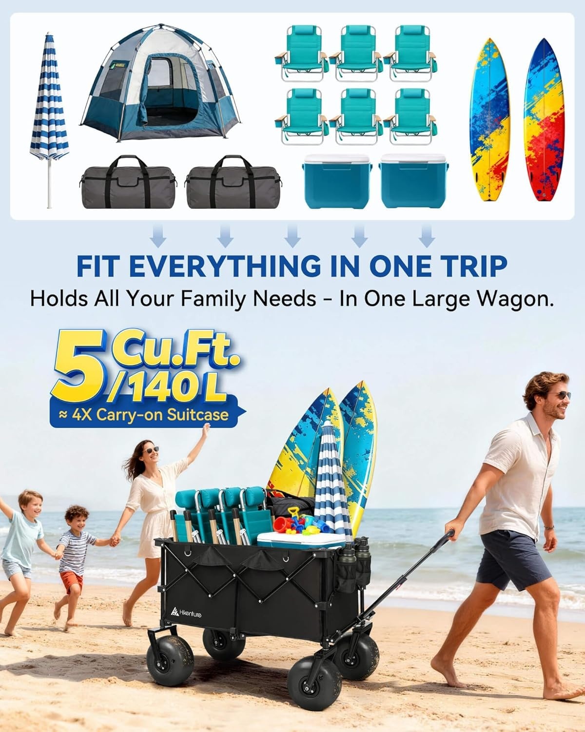 image:imageHikenture Beach Wagon with Balloon Wheels 9 PU Tires Collapsible Wagon 440lbs Heavy Duty Beach Cart with Big Wheels for Sand Large Capacity Utility Wagons CartsBlack